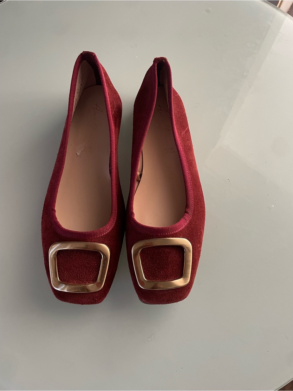 Burgundy Suede Square-Toe Ballet Flats with Gold Accent